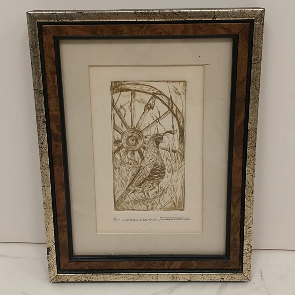 Etching Jan Martin McGuire Artist Western Heritage Original framed Art  a Quail
